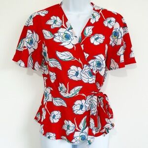 Monteau Floral Wrap Blouse Short Sleeves Red Medium
